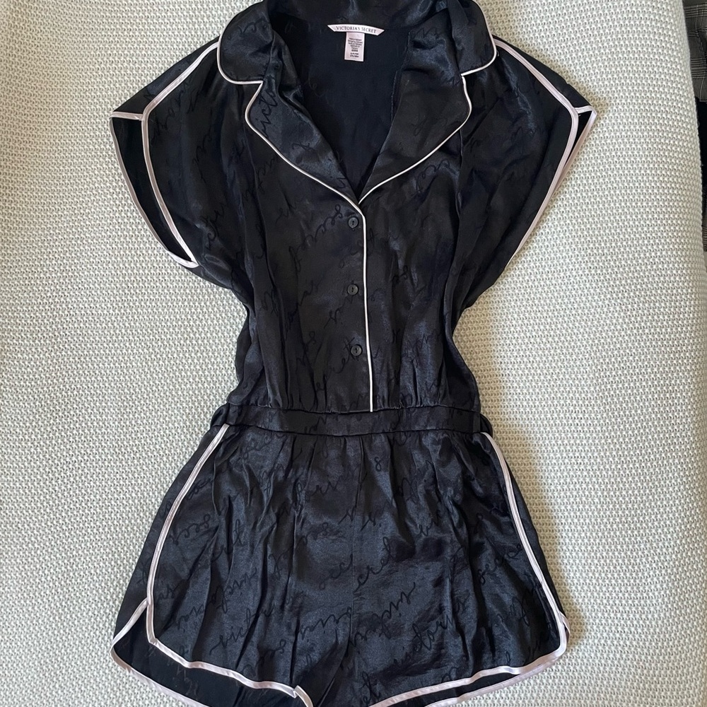 Victoria’s Secret - Black & Pink Satin Logo Pajama / Pj Romper